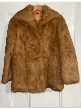 VTG 70s 80s Real Rabbit Fur Coat Honey Tan Peach Satin Lining Korea Size Small